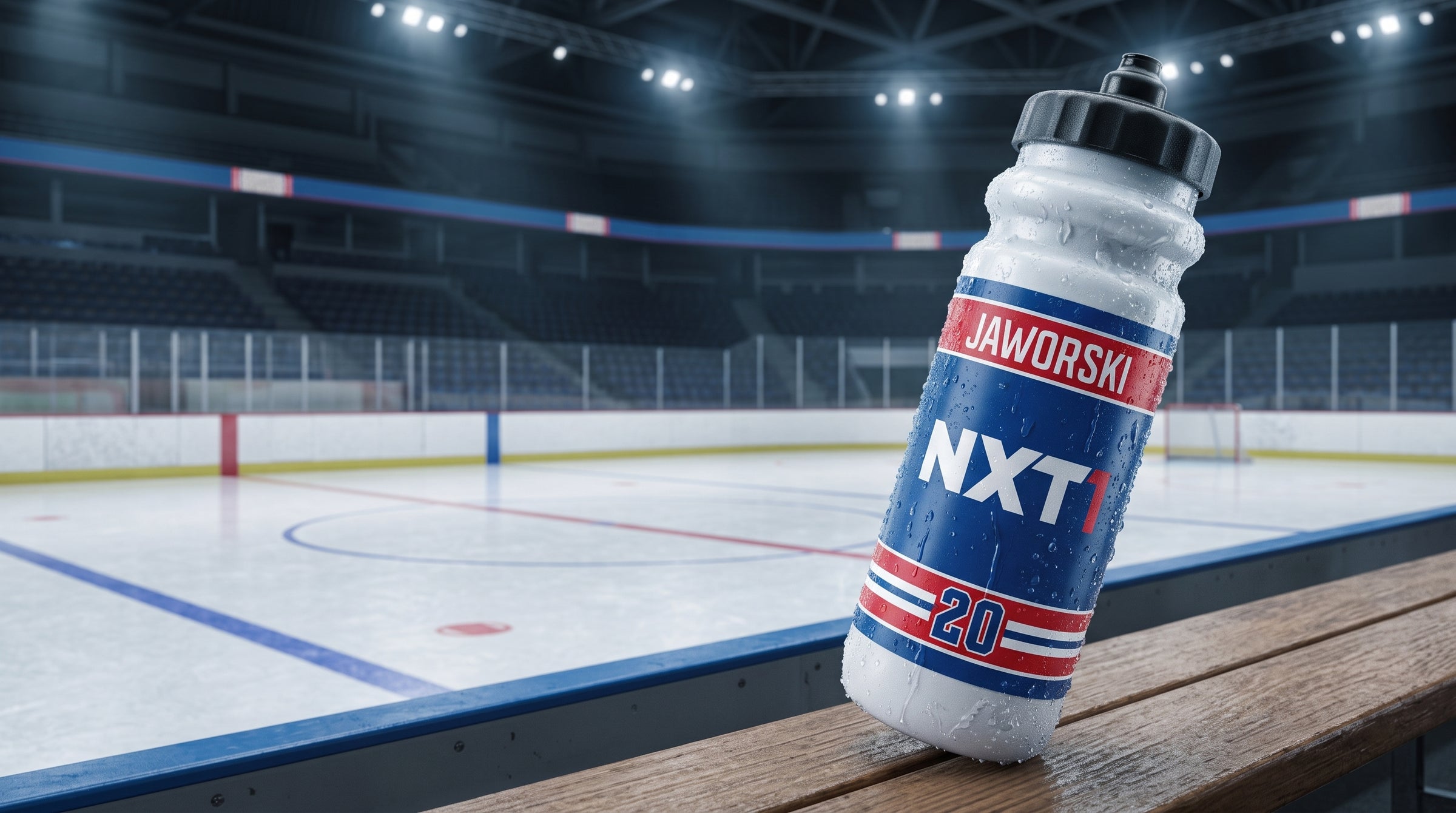 NXT1 custom hockey water bottle with player name and number, on a bench beside the ice